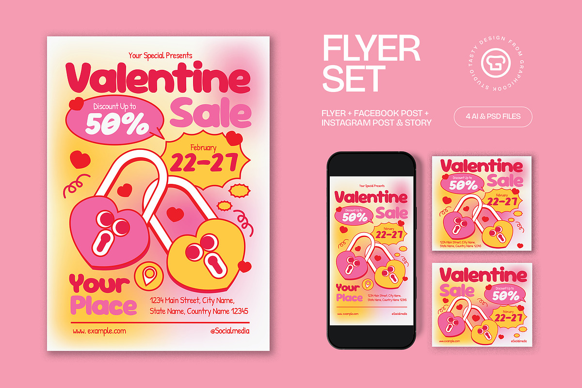 Pink Yellow Valentine Sale Flyer Set, a Flyer Template by graphicook (Photo 2 of 6)