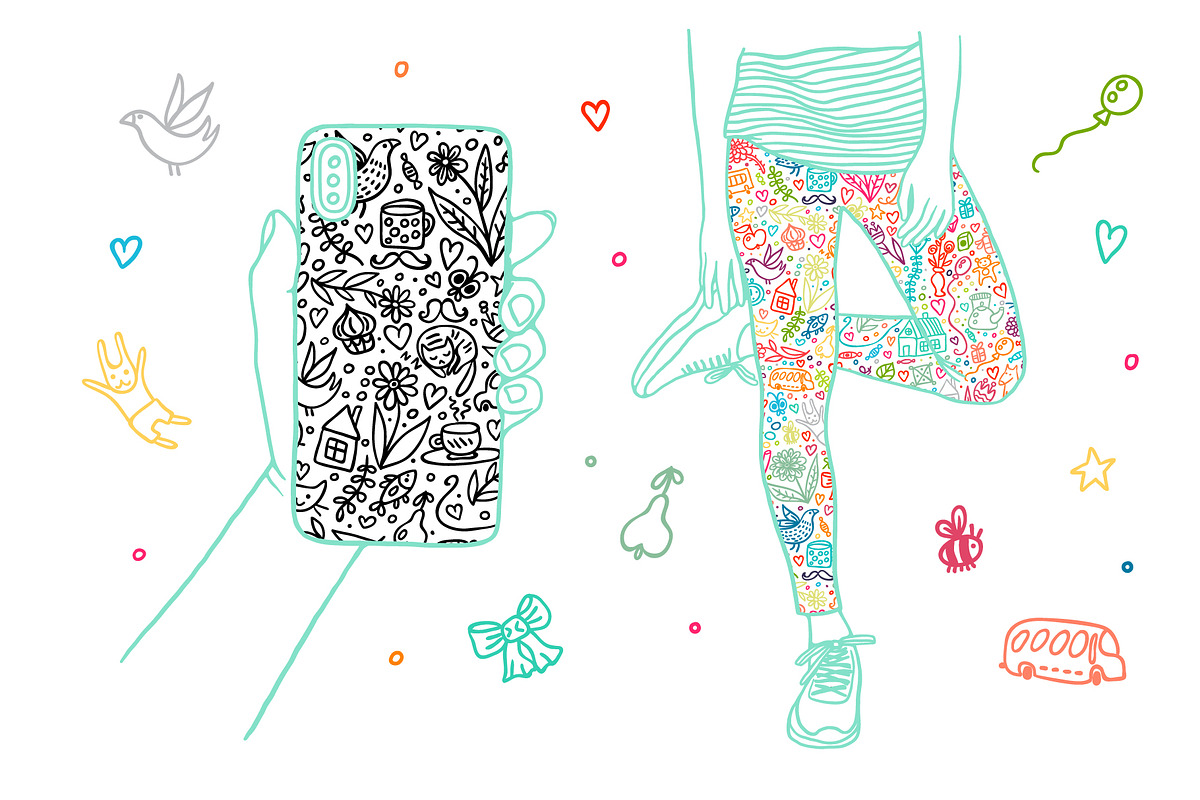 60 Funny Doodle + 14 Patterns, an Object Graphic by Apolinarias Art (Photo 8 of 9)