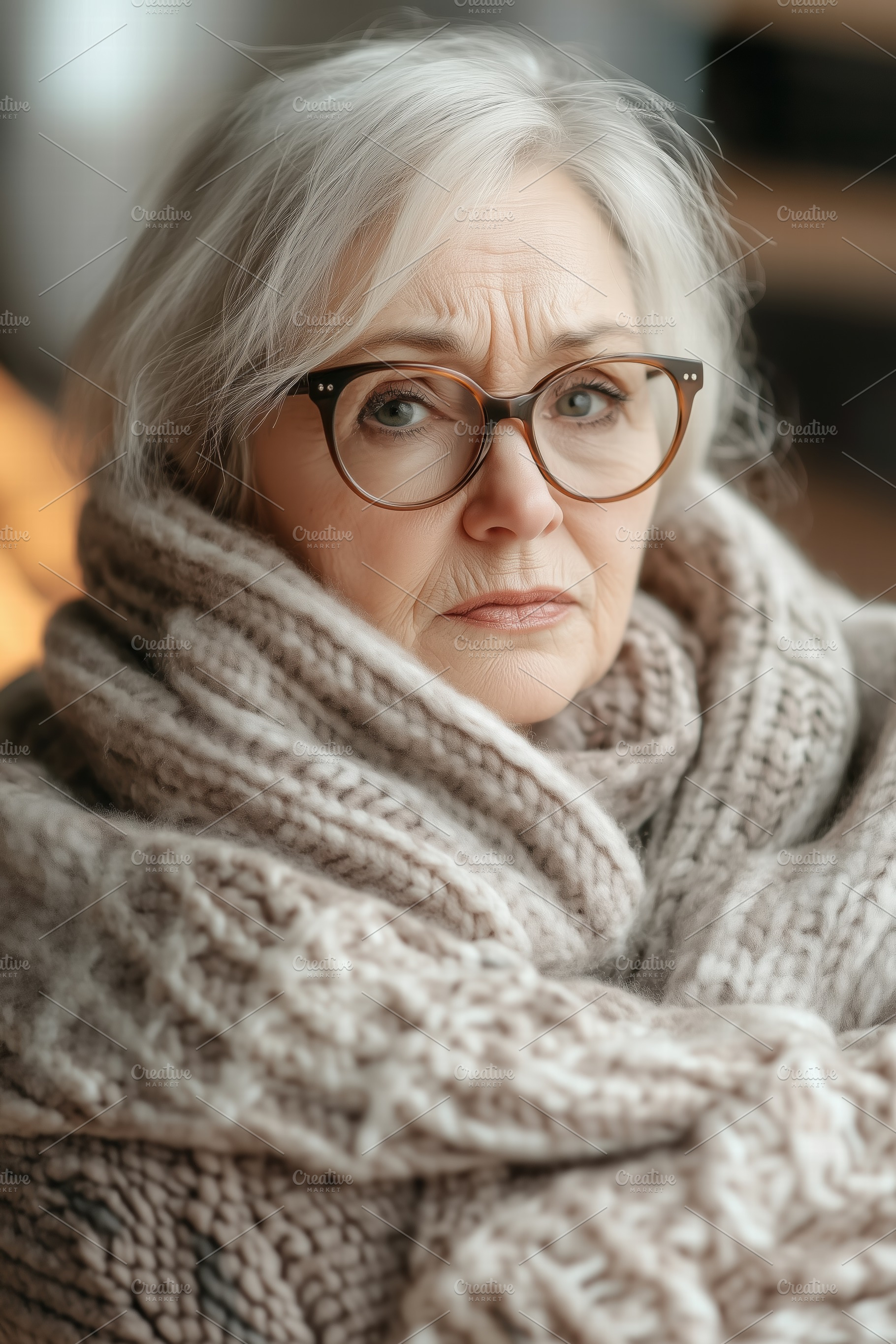 A close-up portrait of an elderly woman with gray hair and glasses, wrapped in, a Person Photo by Textures & Backgrounds