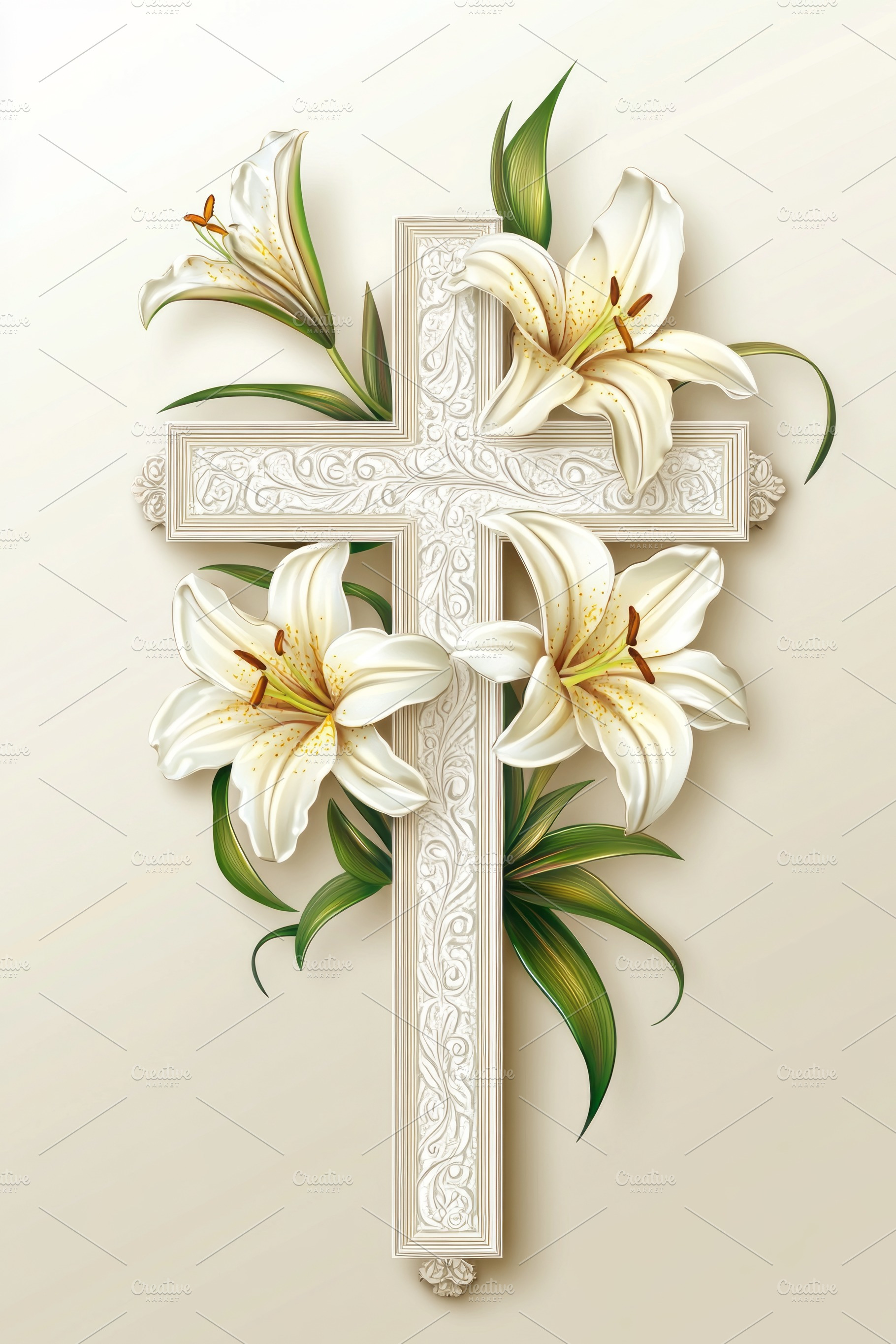 A beautifully carved white cross adorned with elegant white lilies, symbolizing, a Background Photo by ImageMir