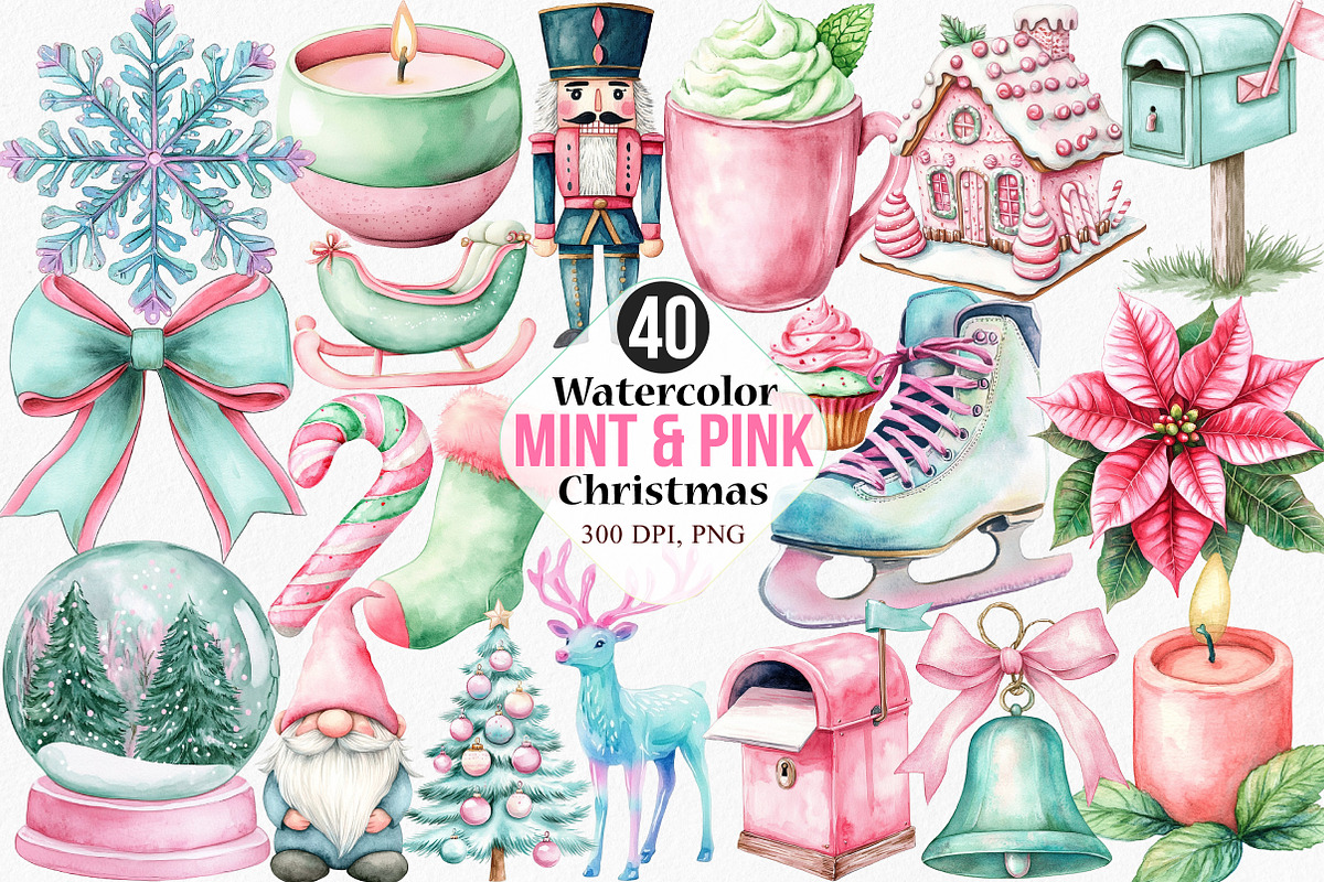 Watercolor Mint & Pink Christmas, an Illustration by Canvas Craft (Photo 1 of 7)