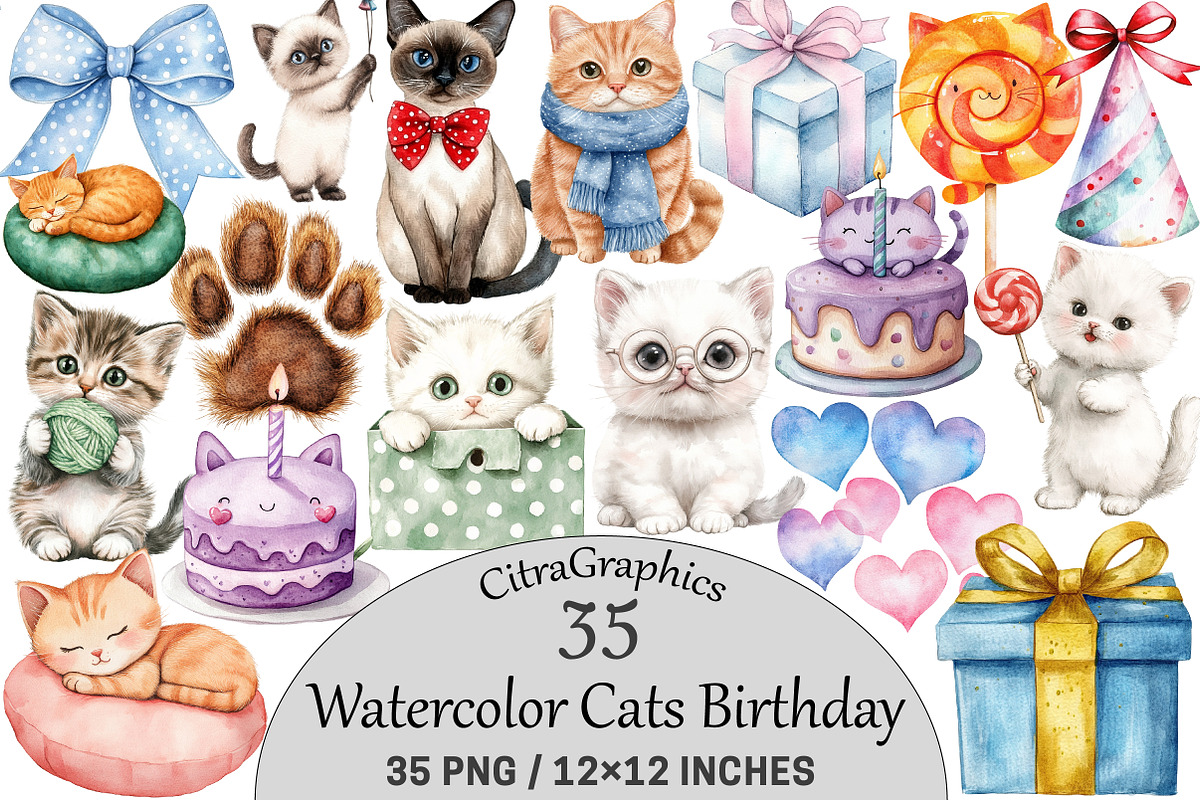 Watercolor Cats Birthday Clipart, a Seasonal Illustration by CitraGraphics (Photo 1 of 7)
