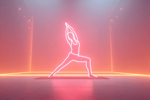 Fitness assistant practicing yoga with glowing neon lights in a vibrant atmosph, a Photo by AlyaAnd