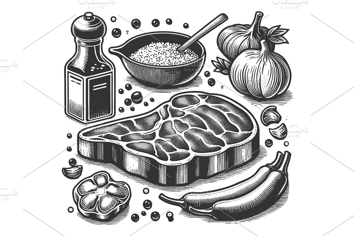 Raw steak spices vegetables vector, a Food Illustration by AlexArt