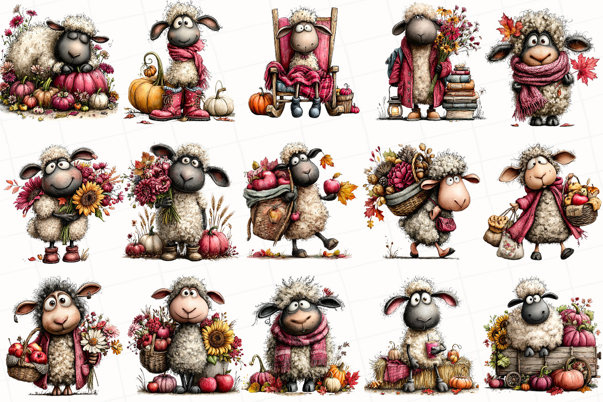 Quirky Autumn Sheep Clipart, a Seasonal Illustration by OK Design (Photo 3 of 6)