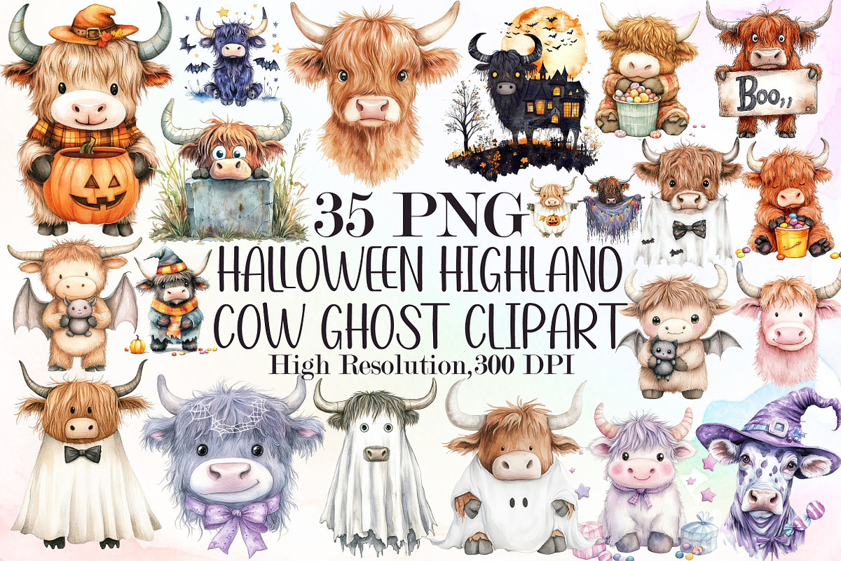 Halloween Highland Cow Ghost Clipart, an Illustration by Sublimation Artist (Photo 1 of 6)