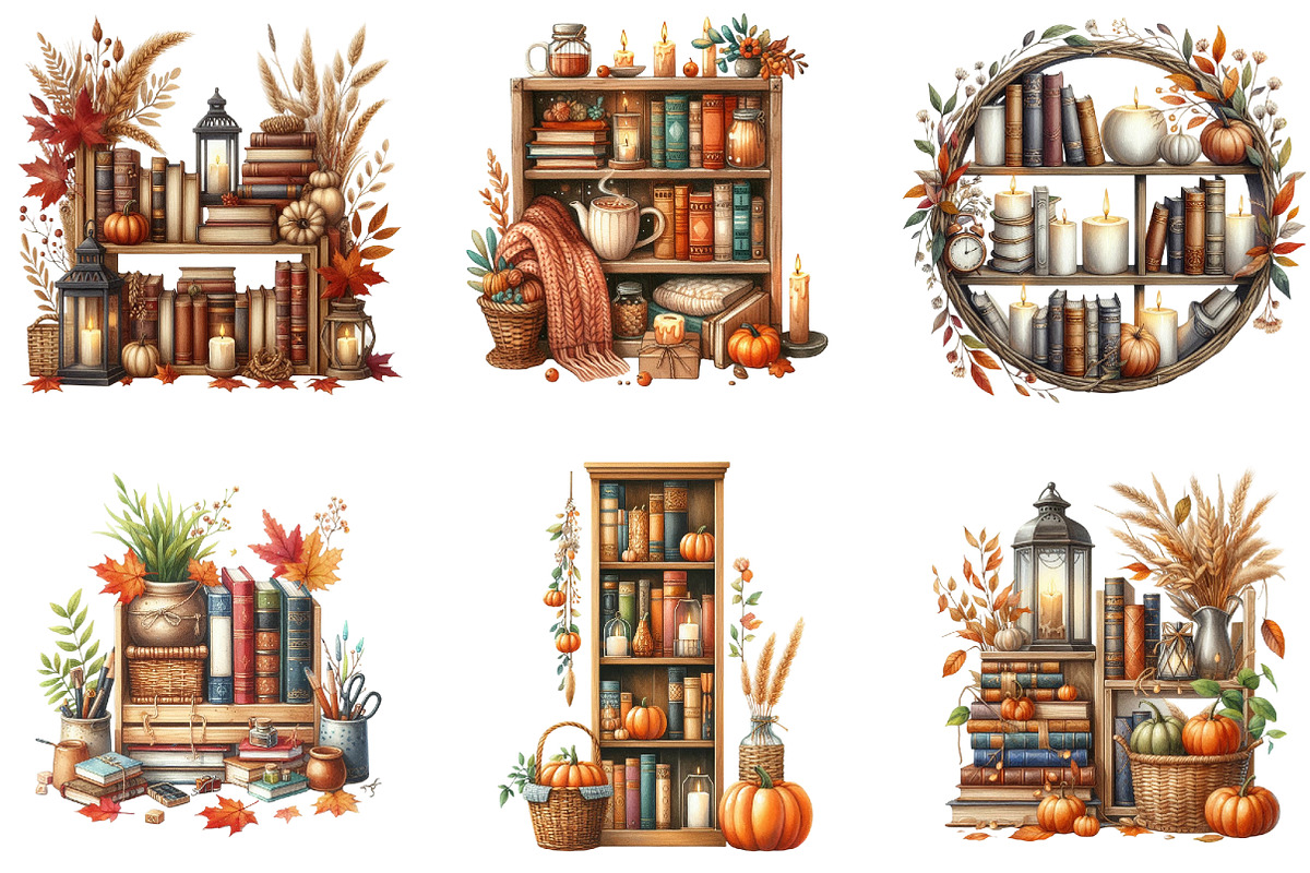 Watercolor Autumn Bookshelf Clipart, a Seasonal Illustration by DreamArtGraphic (Photo 2 of 4)