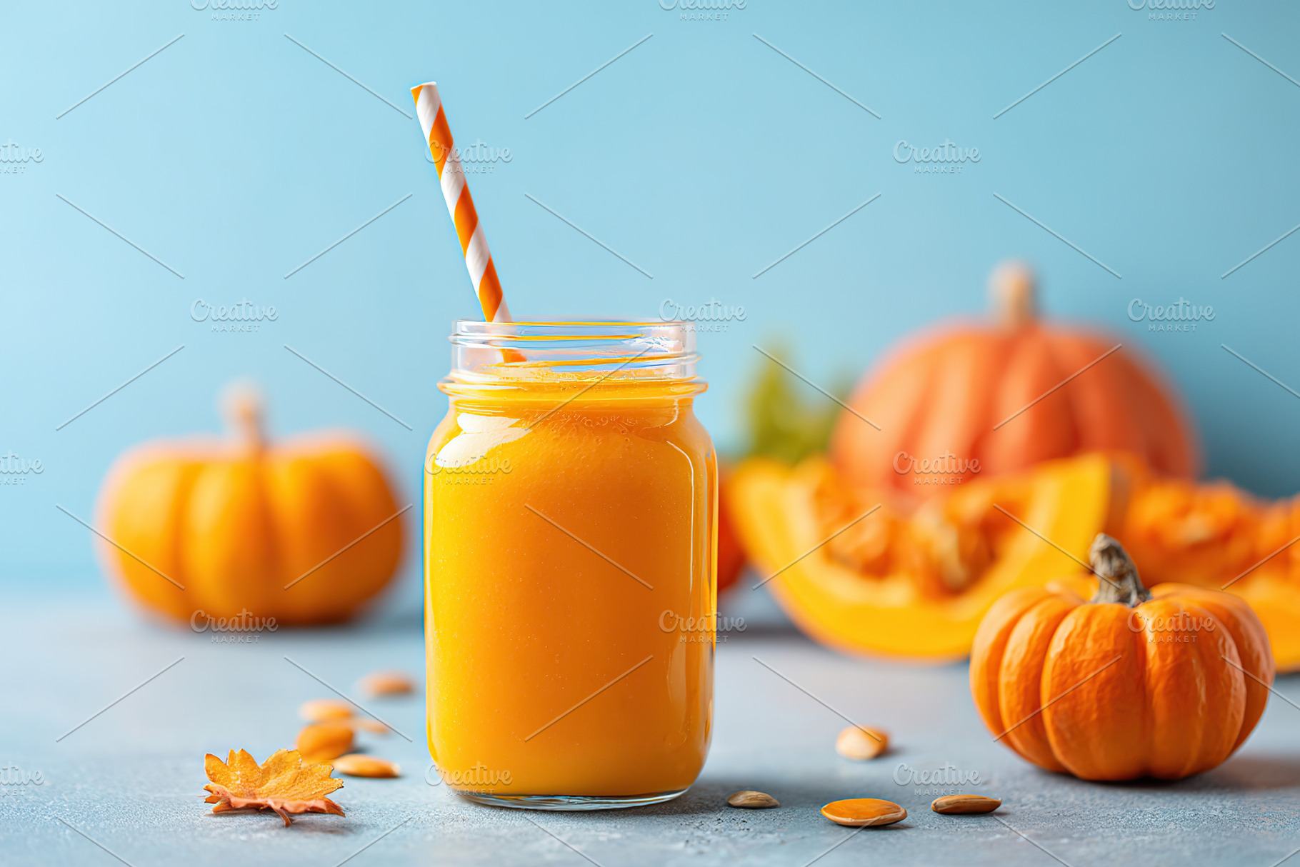 Bright orange pumpkin smoothie in a jar surrounded by autumn decorations and pu, a Photo by AlyaAnd
