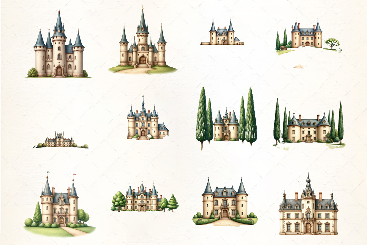French Chateau Watercolor Clipart, an Illustration by CrexoraLab (Photo 3 of 5)