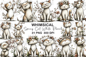 Spring Cat White Floral Clipart, an Illustration by CraftArtStudio