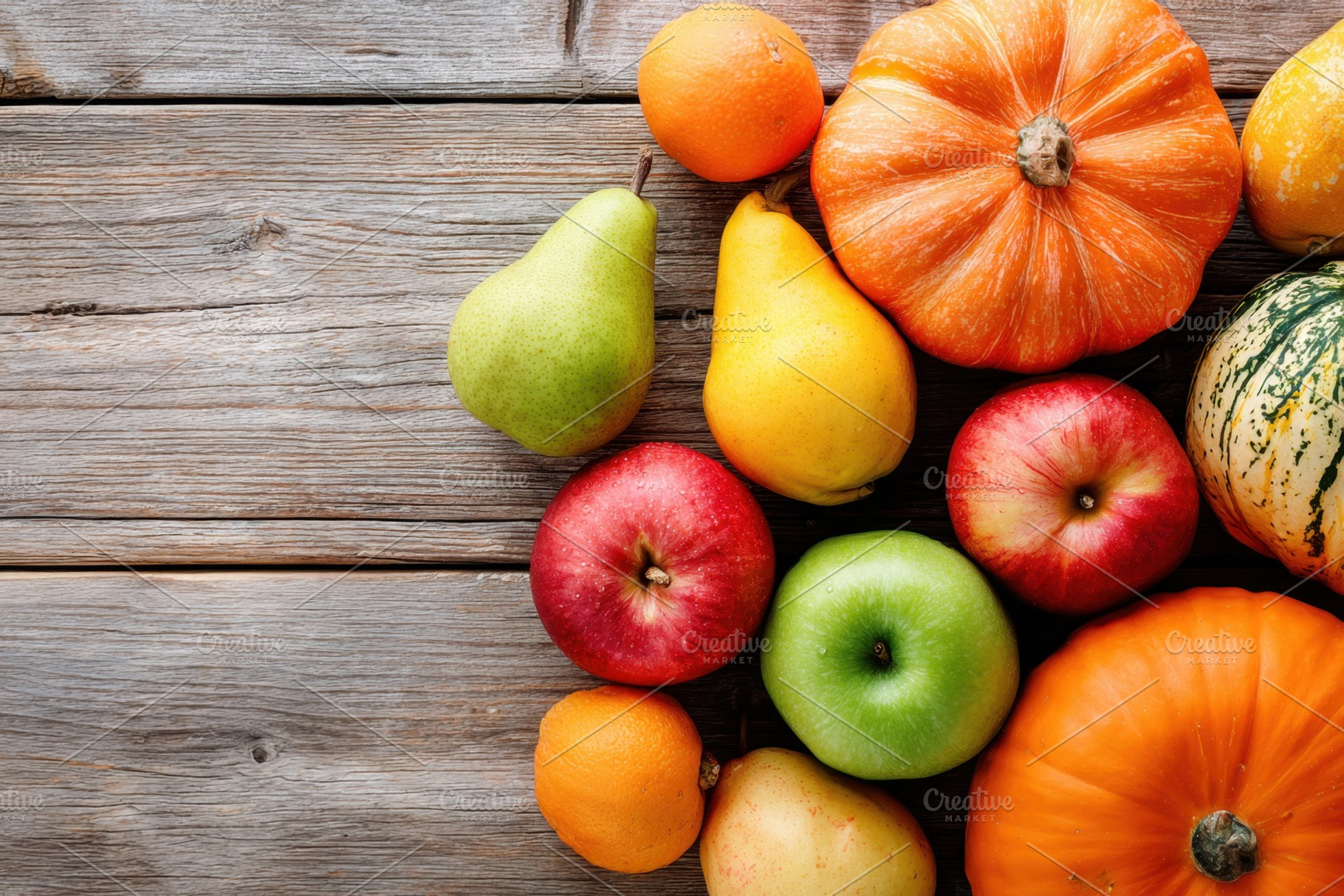 Fresh autumn fruits and vegetables on wooden table, a Food & Drink Photo by AlyaAnd