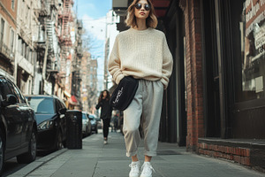 Woman in cream sweater walking city, a Photo by Pixeness Studio