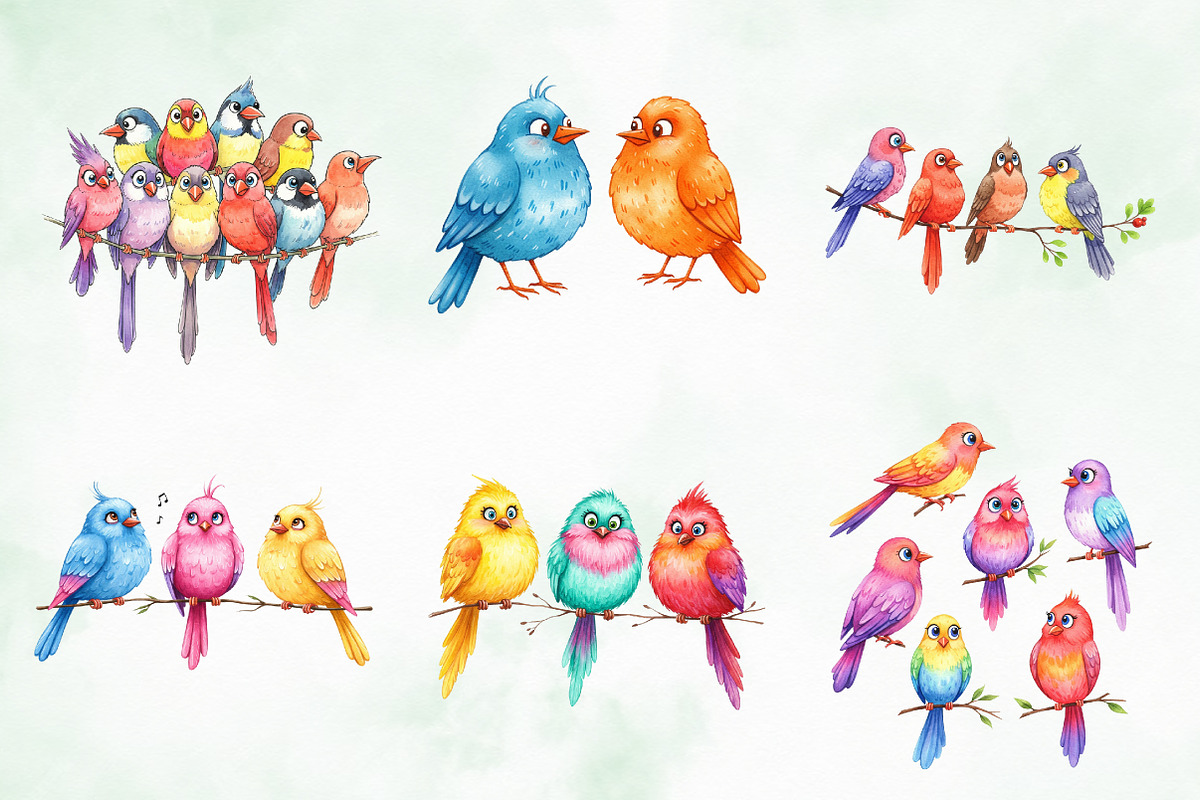 Funny Colorful Birds Watercolor Png, an Illustration by Creative Art (Photo 5 of 6)