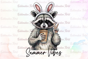 Funny Raccoon Iced Coffee ,Summer Vi, an Illustration by Sublimation Artist