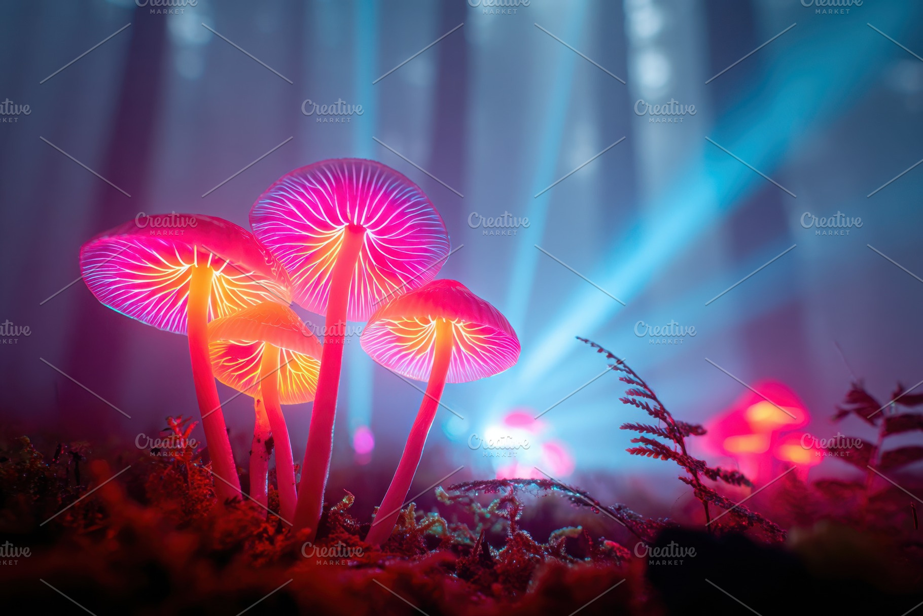Glowing mushrooms in a mystical forest, an Abstract Photo by AlyaAnd