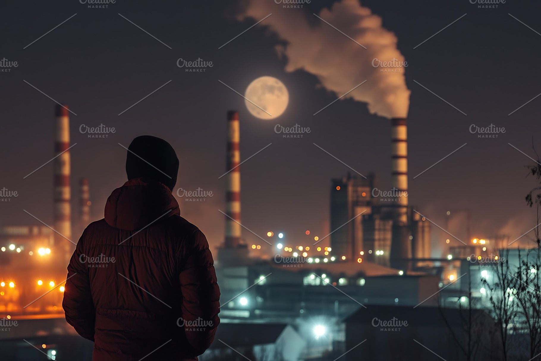 Back view of man looking on smoke emissions from thermal power plant, an Industrial Photo by AlyaAnd