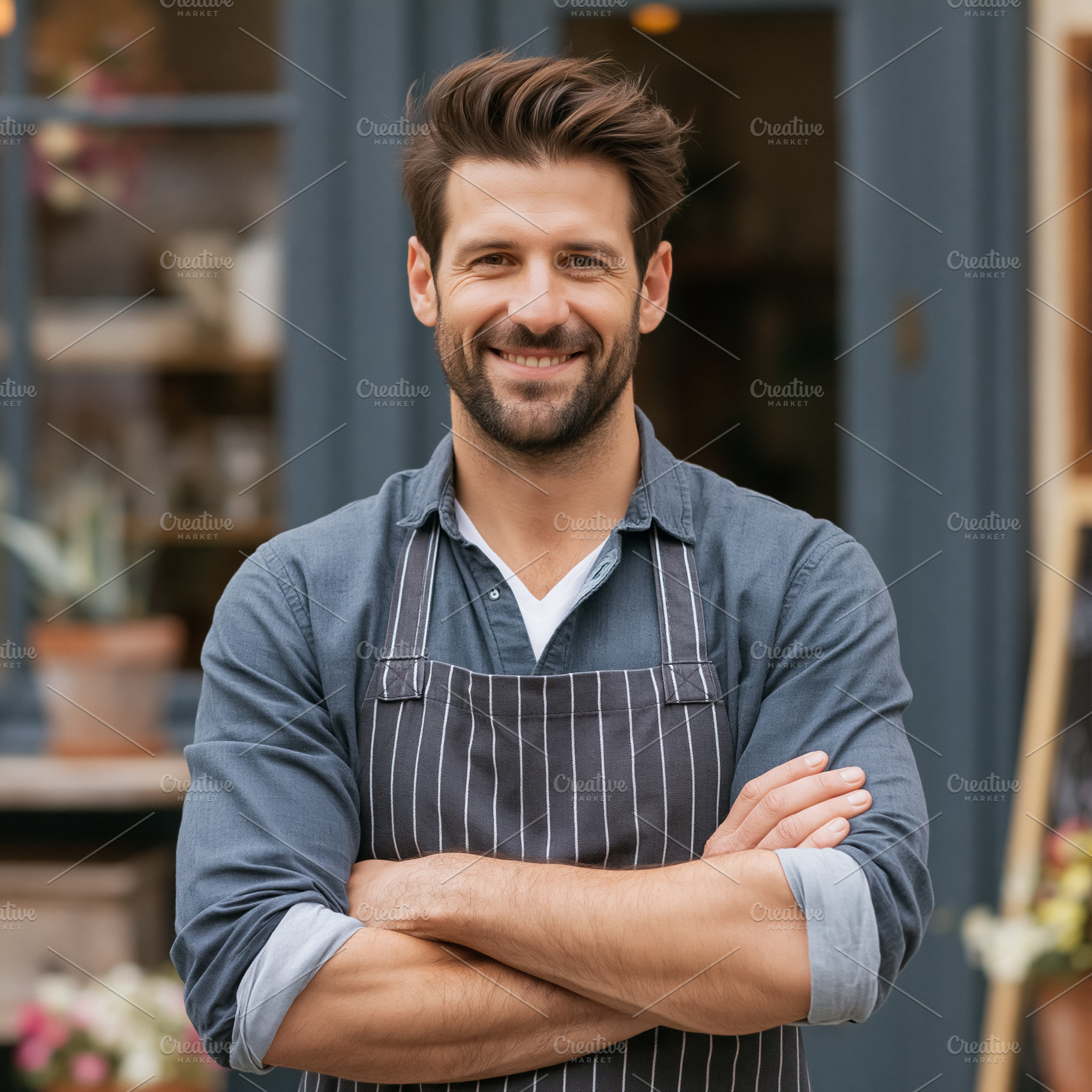 Happy man owner standing confidently in front of his cafe or loc, a Person Photo by Studio ANNA