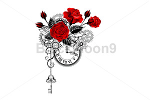 Design With Red Roses And Clock