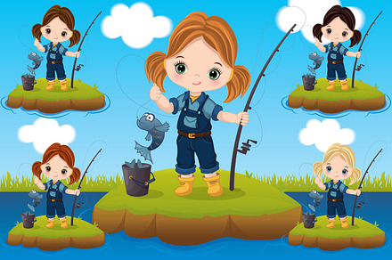 Vector Cute Little Girl Fishing