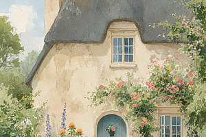English cottage with thatched roof, vibrant flower garden, stone, an Illustration by Studio ANNA
