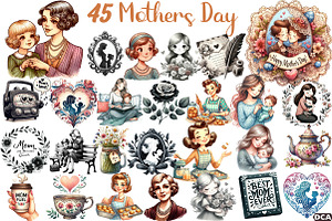 Black and White Mothers Day Clipart, an Illustration by DreamCafeArt