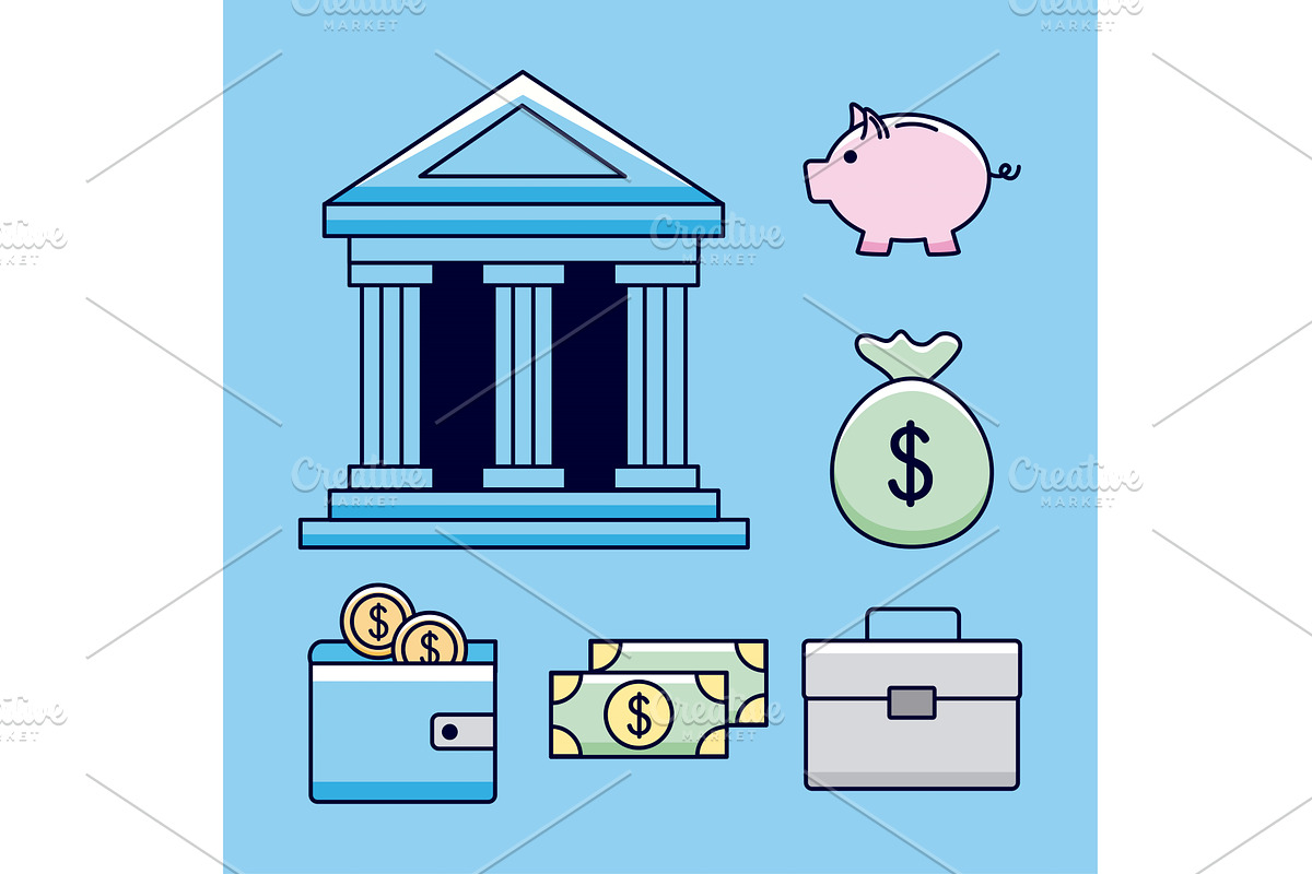 bank with money icons, a Finance Illustration by studiogstock