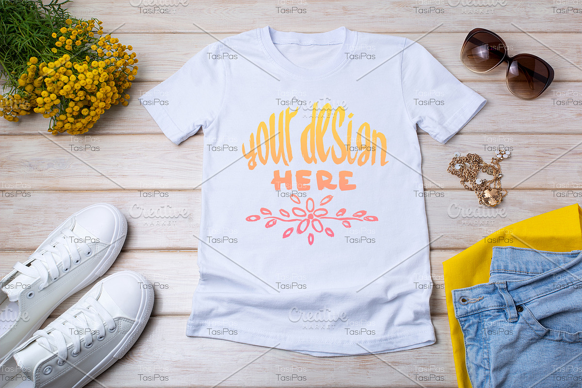 T-shirt mockup with yellow flowers., a Print Template by TasiPas (Photo 1 of 4)