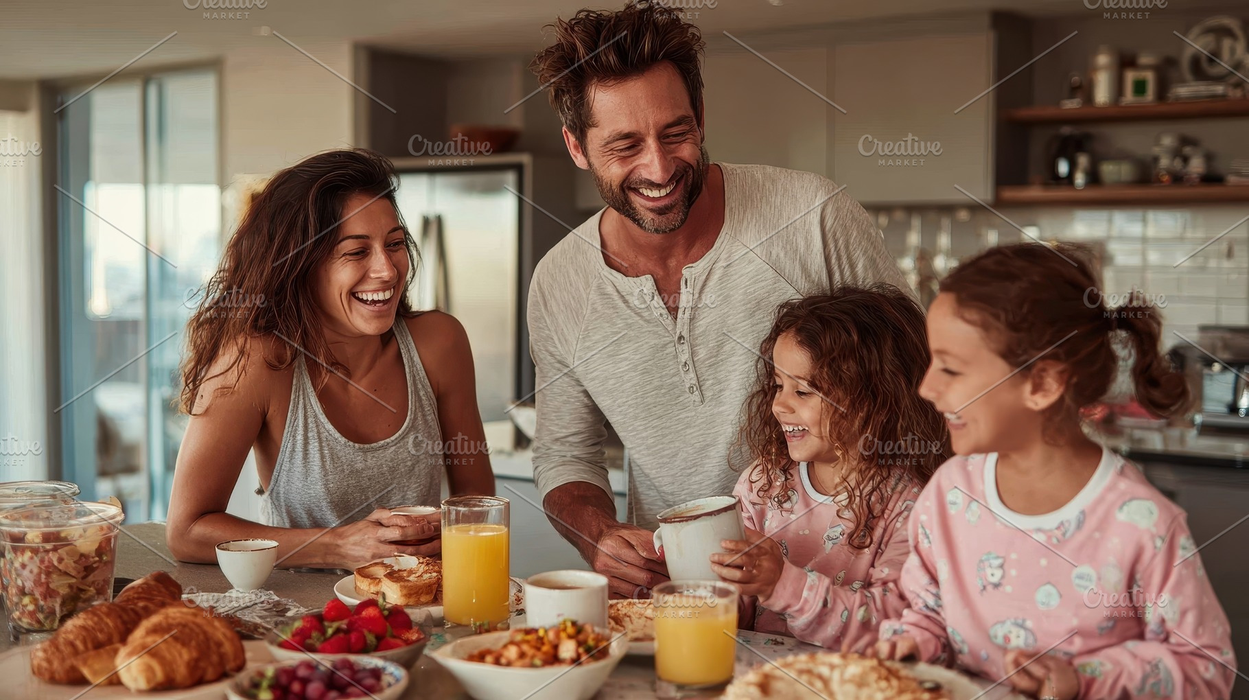 Happy family enjoying breakfast toge, a Photo by Pixeness Studio