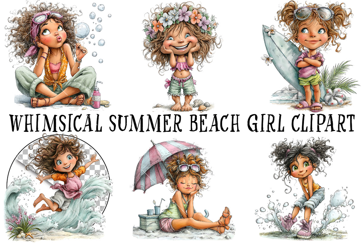 Whimsical Summer Beach Girl Clipart, an Illustration by OK Design (Photo 2 of 6)
