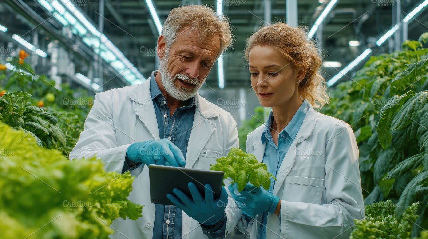 Scientists examining plants in a gre, a Photo by Pixeness Studio