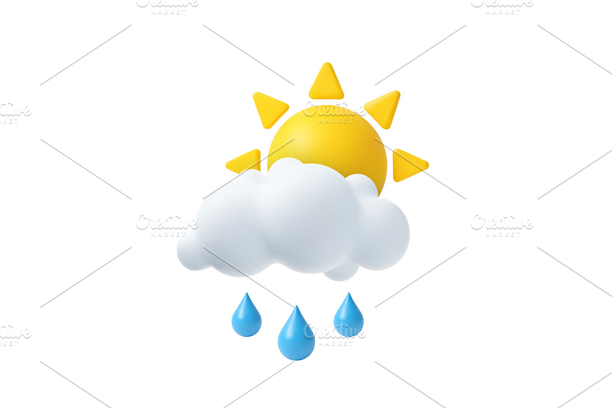 3d sun and cloud with rain drops, an Illustration by ModVector