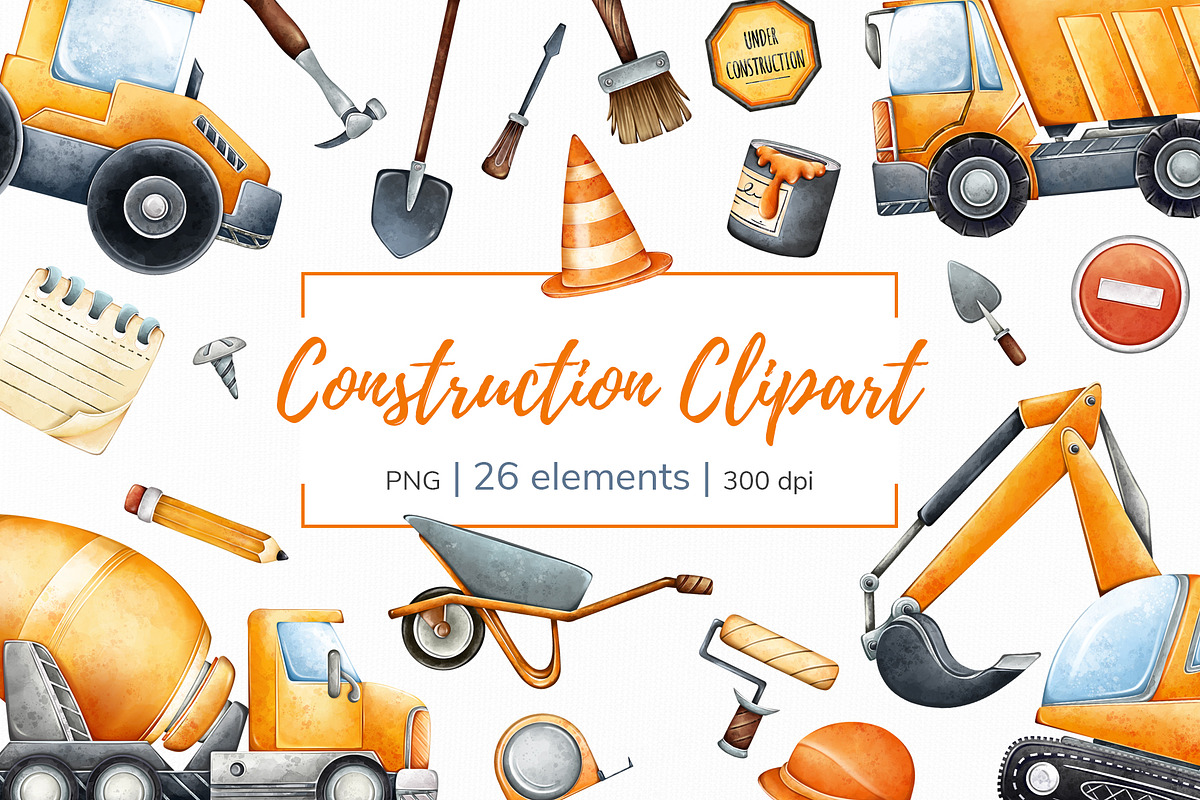 Watercolor Construction Clipart PNG, a Transportation Illustration by Mespilia (Photo 1 of 5)
