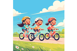 Kid girls ride bicycle. Children, an Illustration by Stock-Smart-Start