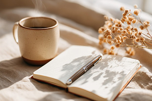 Open journal with a pen and ceramic cup on a cozy blanket with dried flowers, a Photo by AlyaAnd