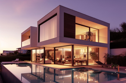 Contemporary Home with Pool and Outdoor Living Space at Dusk, an Abstract Photo by Natalia Klenova's Shop