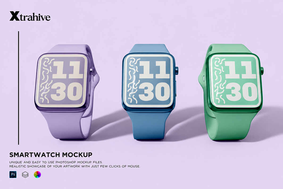 Front View of 3 Smartwatch Mockup, a Wearable Device Mockup by Xtrahive (Photo 1 of 2)