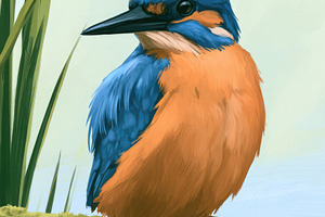 Common kingfisher perched on mossy branch watercolor illustratio