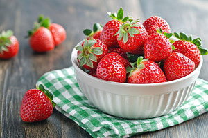 Ripe red strawberries arranged beautifully in a white bowl on a rustic wooden t, a Food & Drink Photo by AlyaAnd