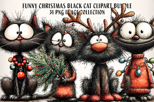 Quirky Christmas Black Cat Clipart, an Illustration by Dream Creation