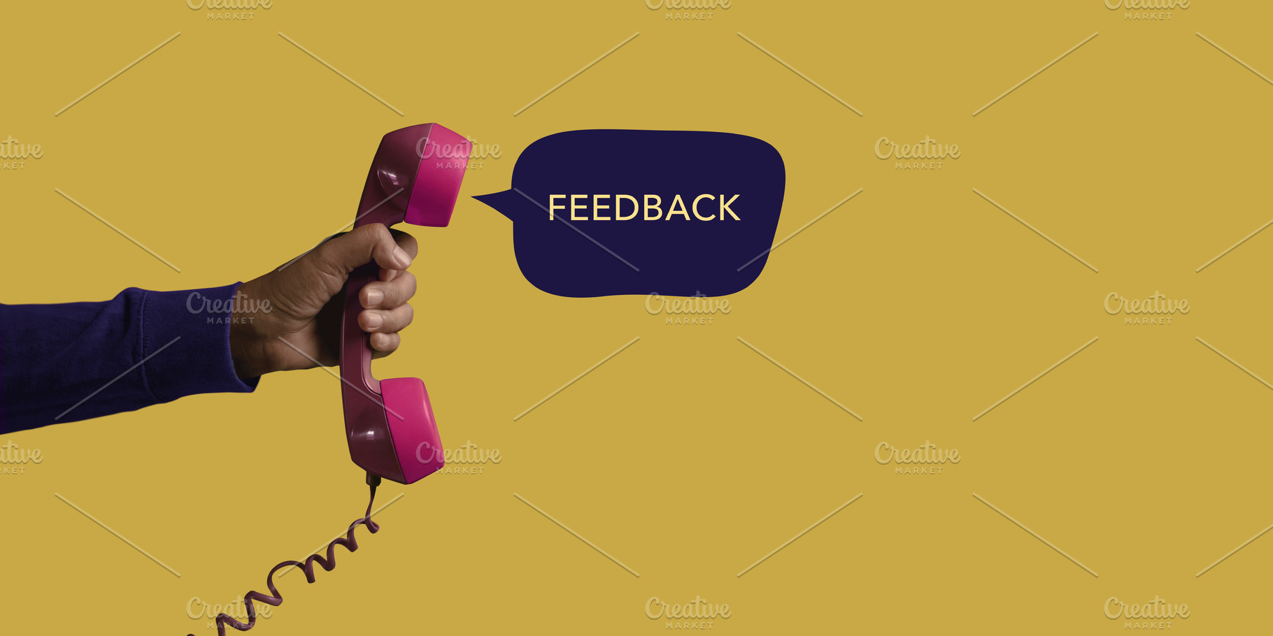 Hand holding retro phone representing customer feedback review,, a Photo by salmon.black