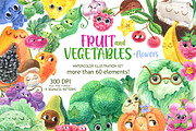 Watercolor Cute FRUIT and VEGETABLES, a Food Illustration by KatBranchArt (Thumbnail 1 of 6)