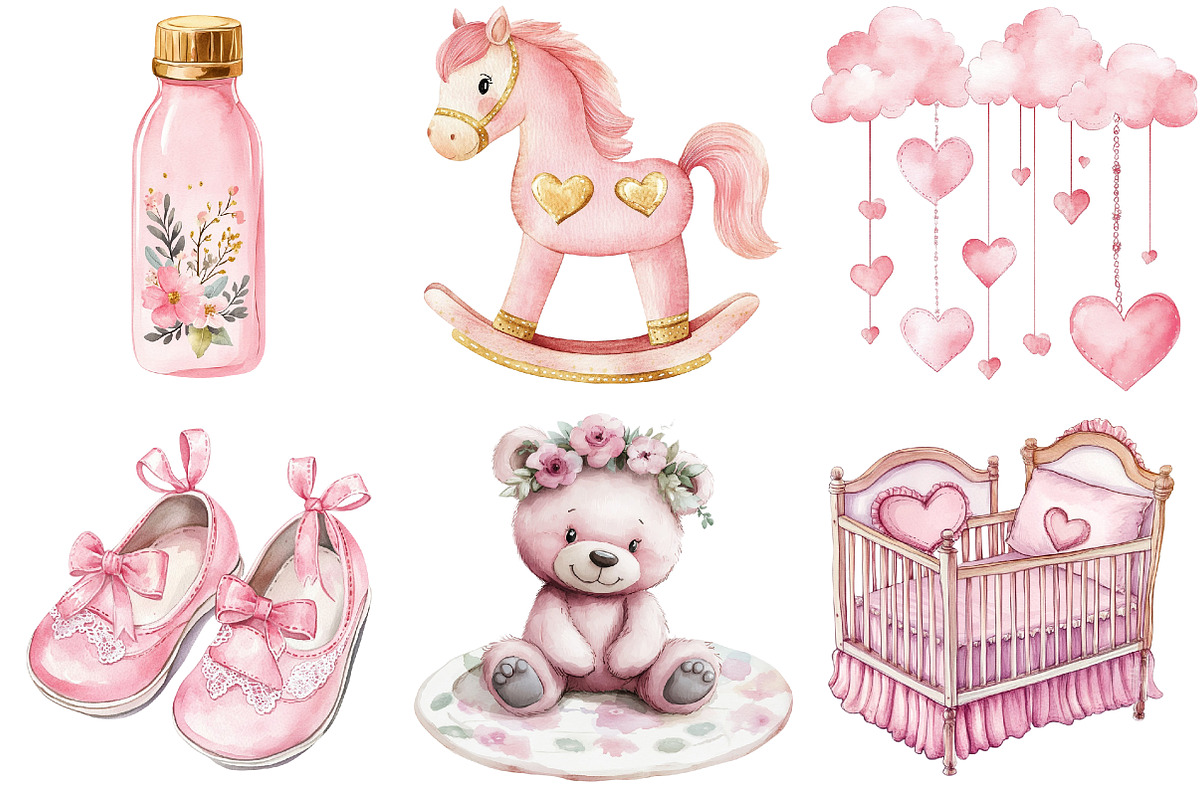 Pink Baby Girl Nursery Clipart, an Illustration by Watercolor design (Photo 4 of 4)