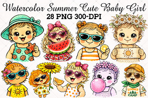 Watercolor Summer Cute Baby Girl PNG, an Illustration by RobertsArt