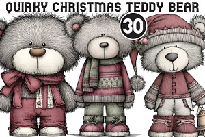 Quirky Christmas Teddy Bear Clipart, an Illustration by Black Bird Studio