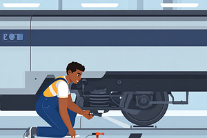 Flat cartoon illustration of train mechanic cheking a train whee, a Person Illustration by DanFLCreativo