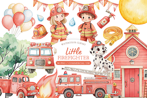 Little Firefighter Watercolor Set, an Illustration by MockupWizard