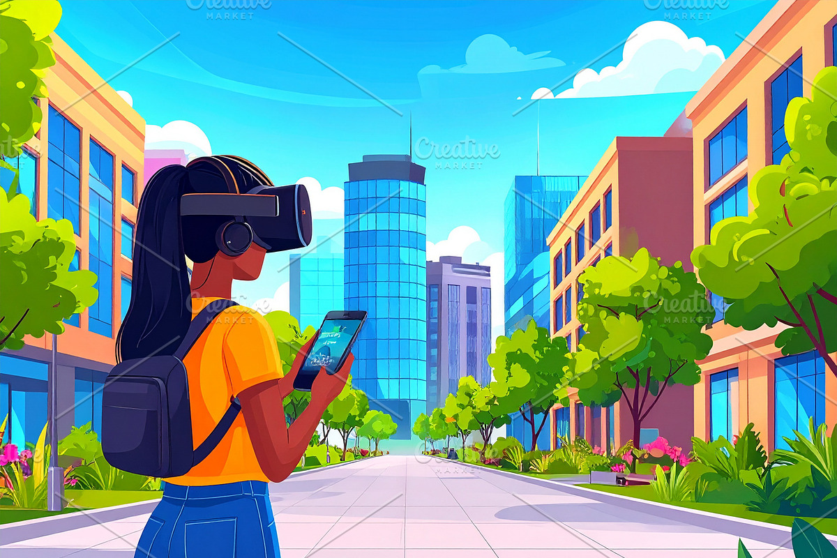 Woman at urban scene wearing AR glasses while holding a smartpho, a Technology Illustration by DanFLCreativo