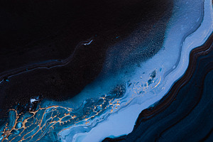 Acrylic Fluid Art. Dark Blue waves in abstract ocean and golden foamy waves. Ma, a Photo by colnihko