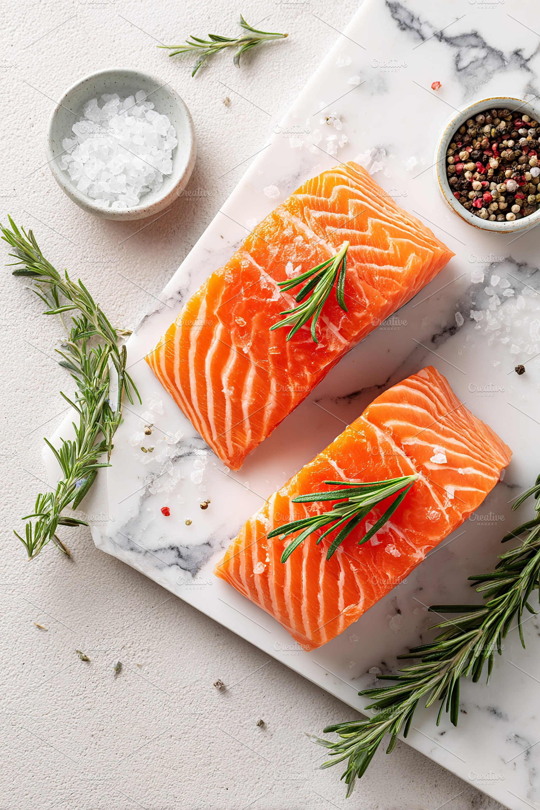 Fresh salmon steaks garnished with rosemary on a marble cutting board for healt, a Food & Drink Photo by AlyaAnd