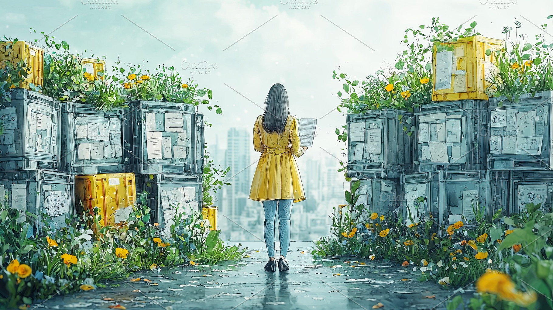 Woman admiring rooftop garden with plants among urban industrial containers, a Photo by AS photostudio
